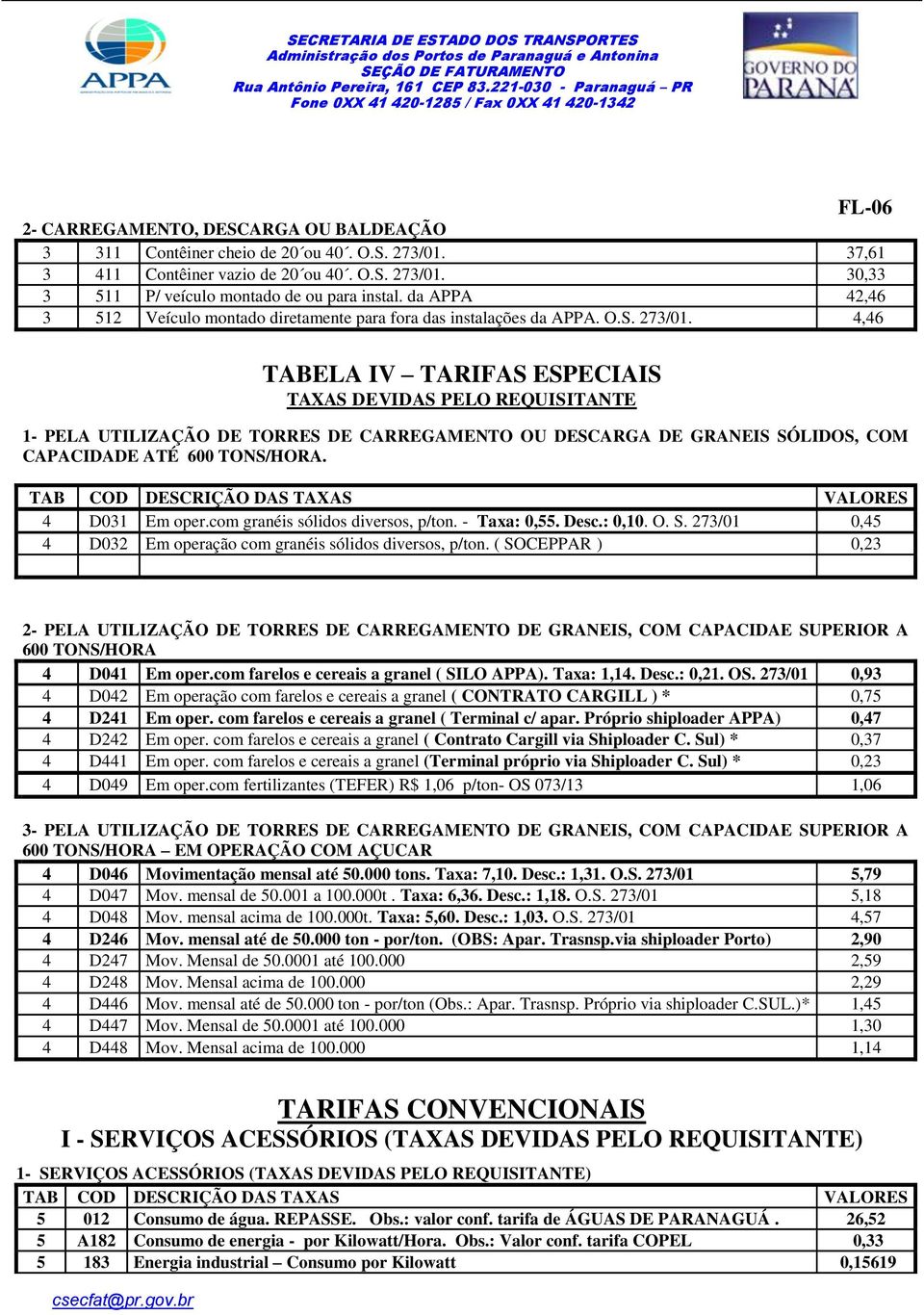 4,46 TABELA IV TARIFAS ESPECIAIS TAXAS DEVIDAS PELO REQUISITANTE 1- PELA UTILIZAÇÃO DE TORRES DE CARREGAMENTO OU DESCARGA DE GRANEIS SÓLIDOS, COM CAPACIDADE ATÉ 600 TONS/HORA. 4 D031 Em oper.