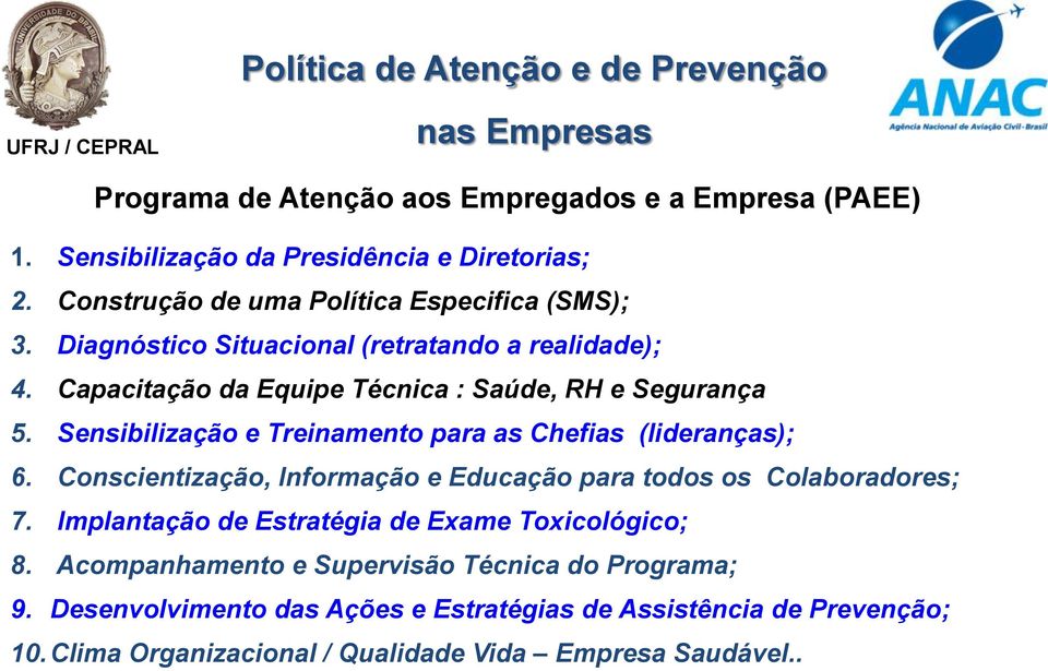 Sensibilização e Treinamento para as Chefias (lideranças); 6. Conscientização, Informação e Educação para todos os Colaboradores; 7.