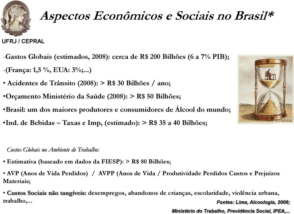 de Bebidas Taxas e Imp, (estimado): > R$ 35 a 40 Bilhões; Custos Globais no Ambiente de Trabalho: Estimativa (baseado em dados da FIESP): > R$ 80 Bilhões; AVP (Anos de Vida Perdidos) / AVPP (Anos de