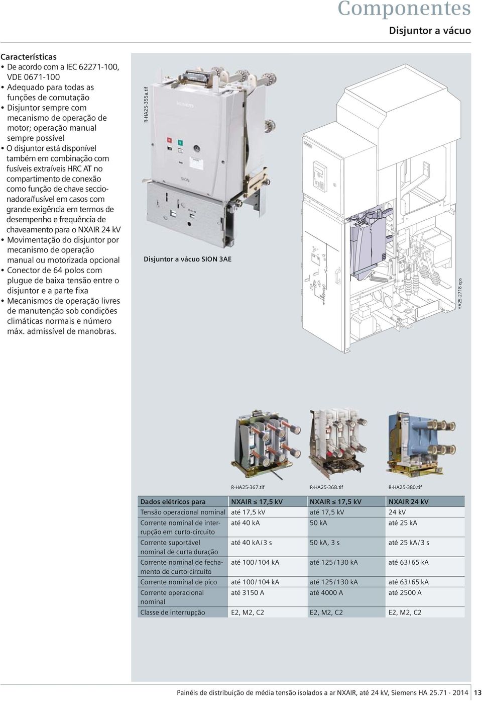 exigência em termos de desempenho e frequência de chaveamento para o NXAIR 24 kv Movimentação do disjuntor por mecanismo de operação manual motorizada opcional Conector de 64 polos com plugue de