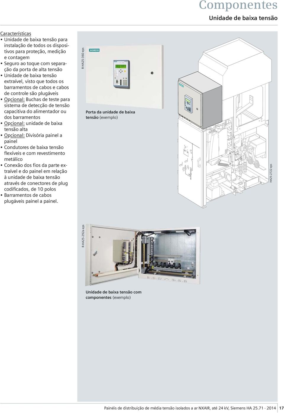 alimentador dos barramentos Opcional: unidade de baixa tensão alta Opcional: Divisória painel a painel Condutores de baixa tensão flexíveis e com revestimento metálico Conexão dos fios da parte