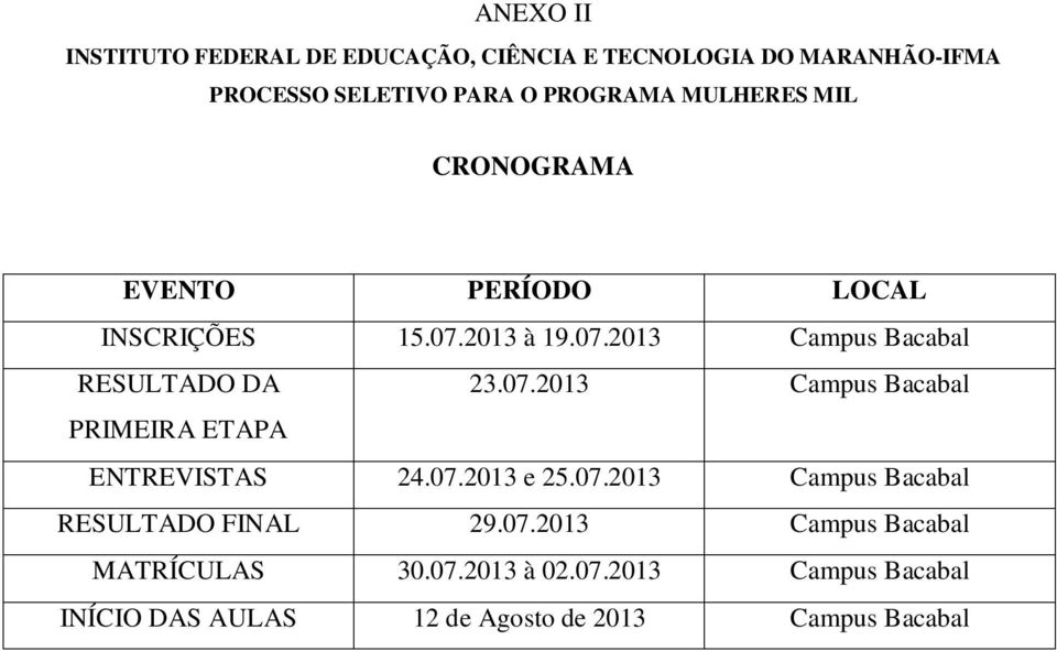 07.2013 e 25.07.2013 Campus Bacabal RESULTADO FINAL 29.07.2013 Campus Bacabal MATRÍCULAS 30.07.2013 à 02.07.2013 Campus Bacabal INÍCIO DAS AULAS 12 de Agosto de 2013 Campus Bacabal