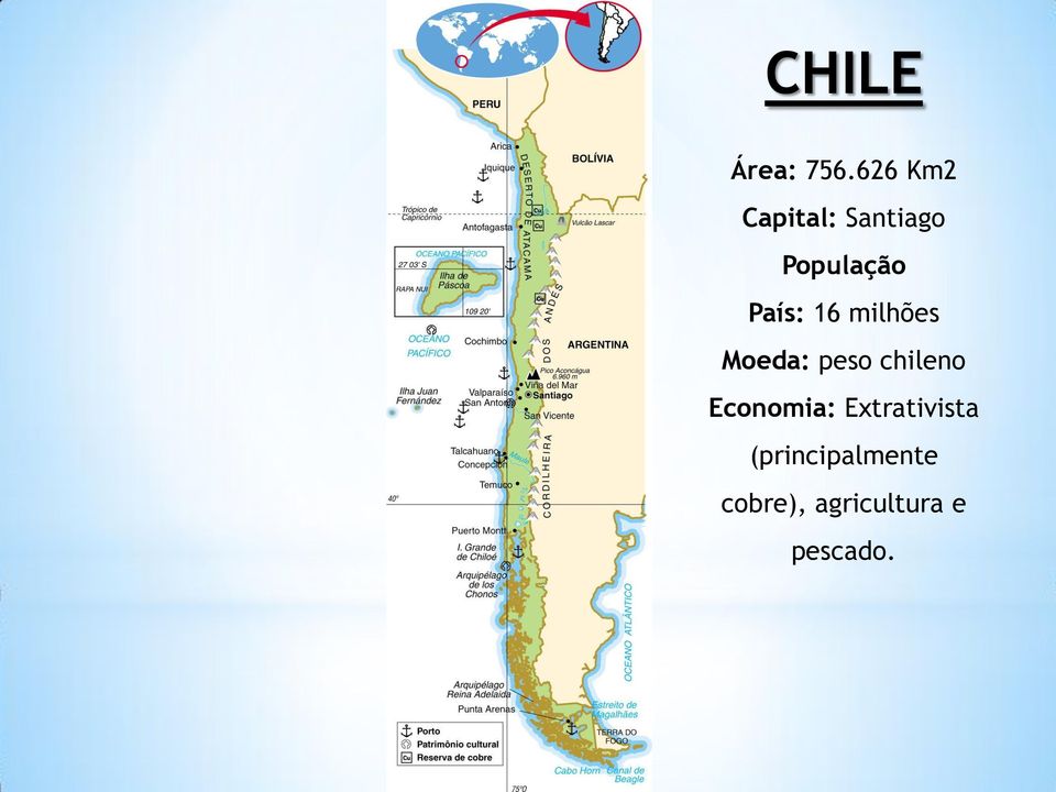 País: 16 milhões Moeda: peso chileno