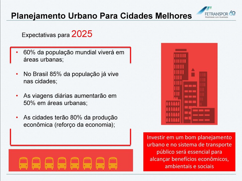 urbanas; As cidades terão 80% da produção econômica (reforço da economia); Investir em um bom planejamento