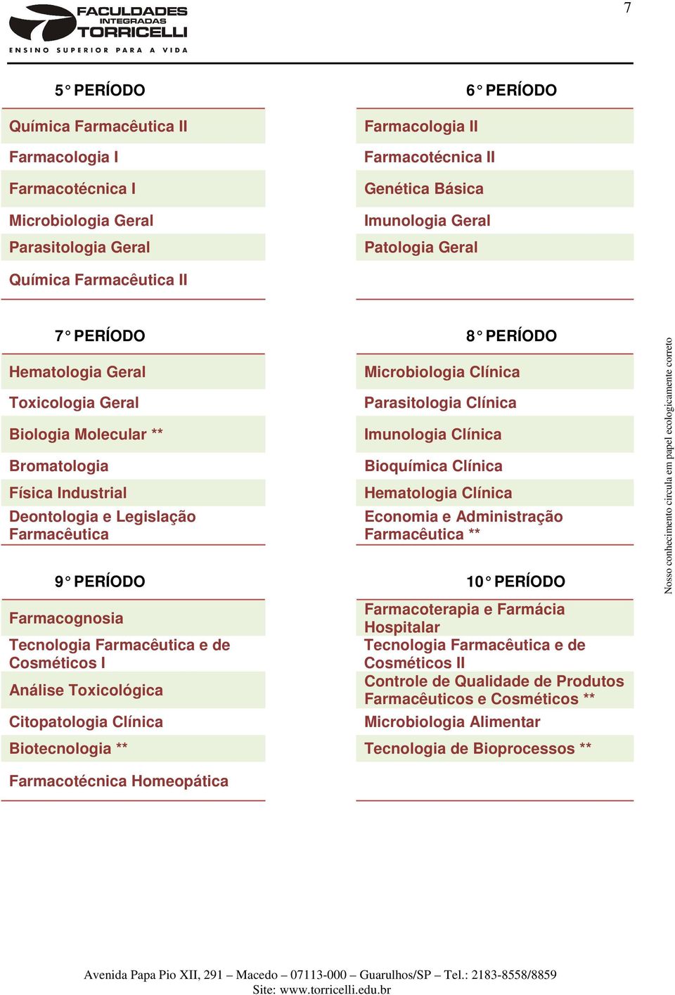 Parasitologia Clínica Imunologia Clínica Bioquímica Clínica Hematologia Clínica Economia e Administração Farmacêutica ** 9 PERÍODO 10 PERÍODO Farmacognosia Tecnologia Farmacêutica e de Cosméticos I