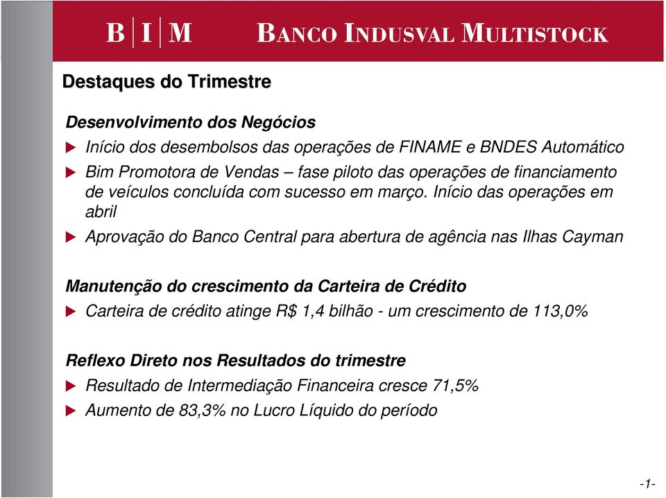 Início das operações em abril Aprovação do Banco Central para abertura de agência nas Ilhas Cayman Manutenção do crescimento da Carteira de