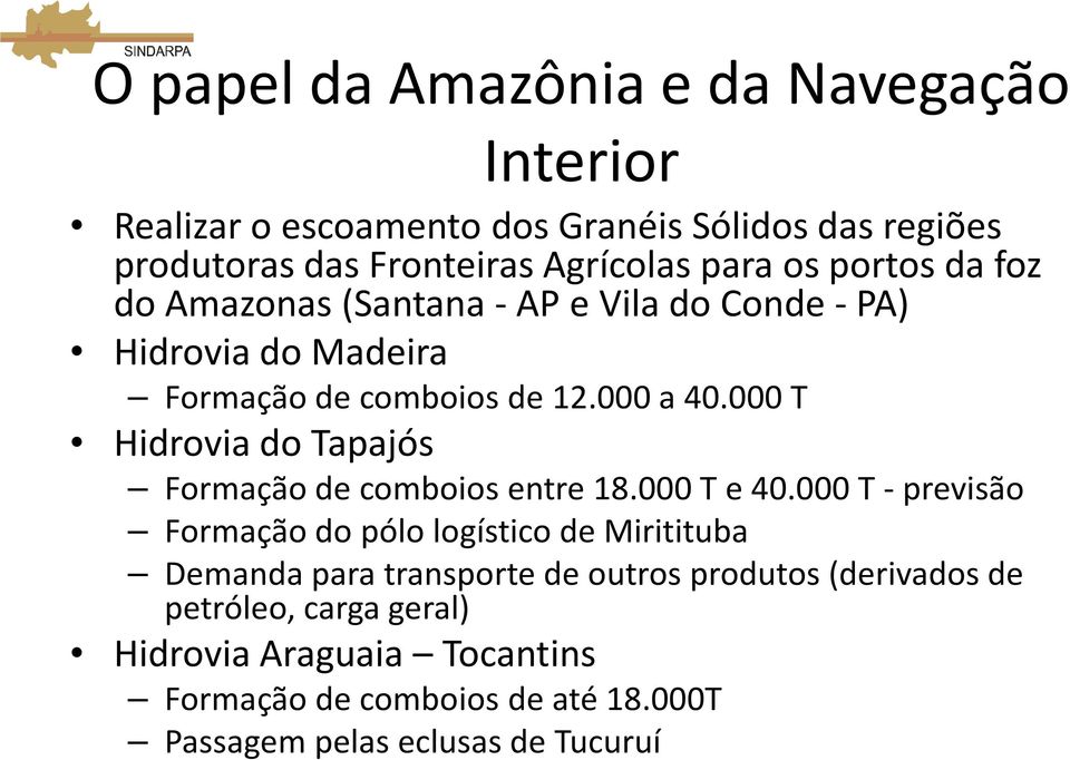 000 T Hidrovia do Tapajós Formação de comboios entre 18.000 T e 40.