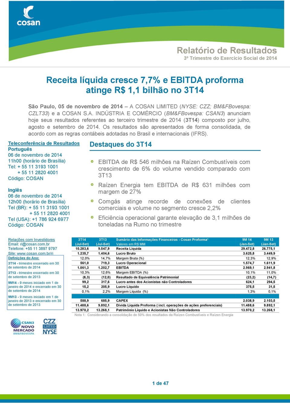 COSAN LIMITED (NYSE: CZZ; BM&FBovespa: CZLT33) e a COSAN S.A. INDÚSTRIA E COMÉRCIO (BM&FBovespa: CSAN3) anunciam hoje seus resultados referentes ao terceiro trimestre de 2014 (3T14) composto por julho, agosto e setembro de 2014.