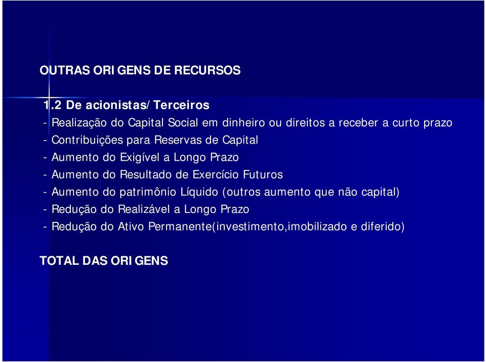 Contribuições para Reservas de Capital - Aumento do Exigível a Longo Prazo - Aumento do Resultado de Exercício