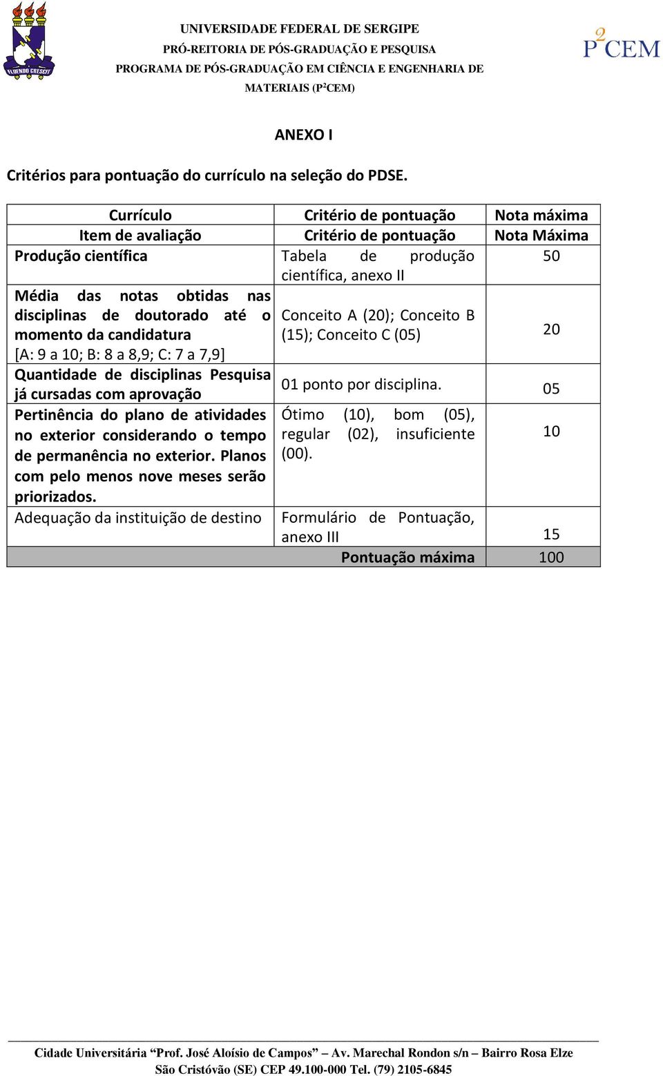 disciplinas de doutorado até o Conceito A (20); Conceito B momento da candidatura (15); Conceito C (05) 20 [A: 9 a ; B: 8 a 8,9; C: 7 a 7,9] Quantidade de disciplinas Pesquisa 01 ponto por