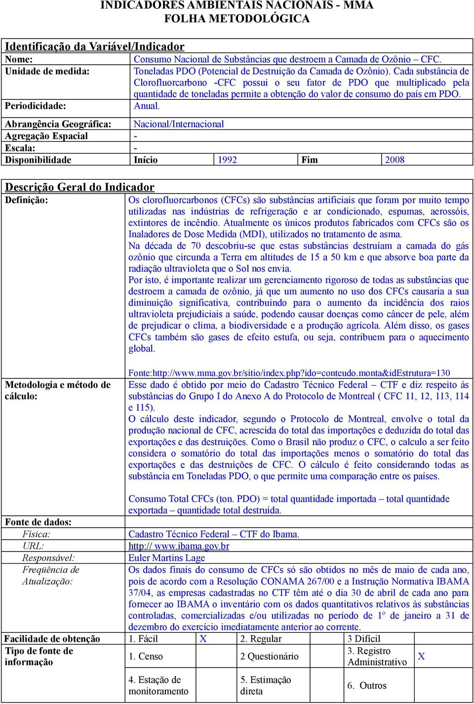 Cada substância de Clorofluorcarbono -CFC possui o seu fator de PDO que multiplicado pela quantidade de toneladas permite a obtenção do valor de consumo do país em PDO. Periodicidade: Anual.