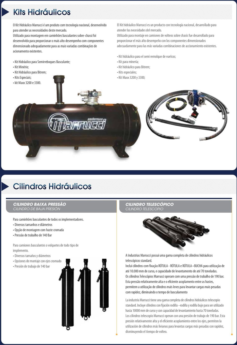 acionamento existentes. Kit Hidráulico para Semirreboques Basculante; Kit Minério; Kit Hidráulico para Bitrem; Kits Especiais; kit Maxx 3200 e 3300.
