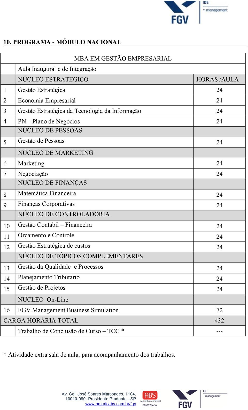 Finanças Corporativas 24 NÚCLEO DE CONTROLADORIA 10 Gestão Contábil Financeira 24 11 Orçamento e Controle 24 12 Gestão Estratégica de custos 24 NÚCLEO DE TÓPICOS COMPLEMENTARES 13 Gestão da Qualidade