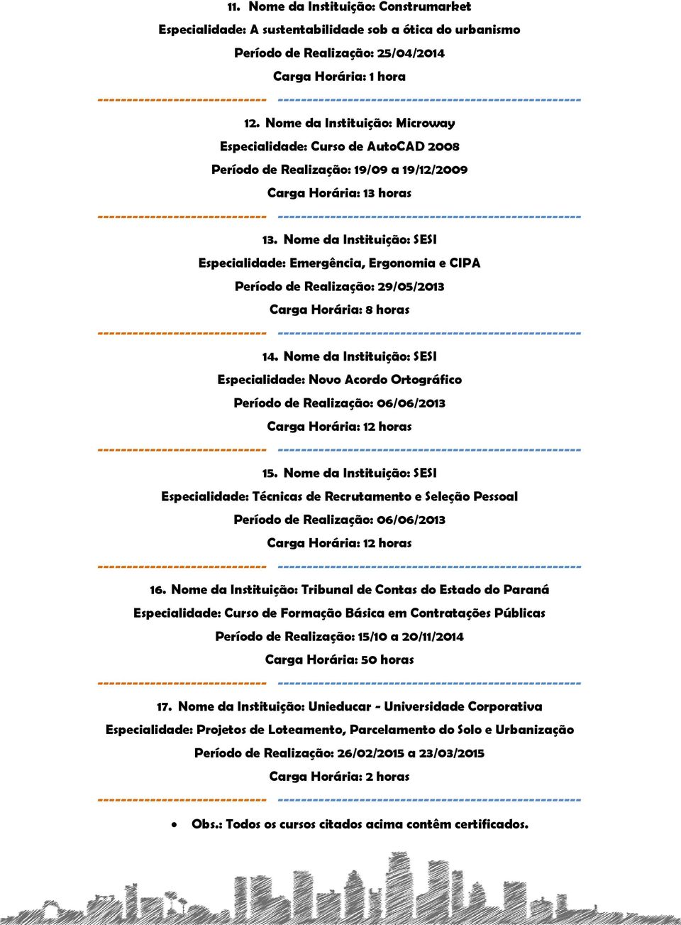 Nome da Instituição: SESI Especialidade: Emergência, Ergonomia e CIPA Período de Realização: 29/05/2013 Carga Horária: 8 horas 14.