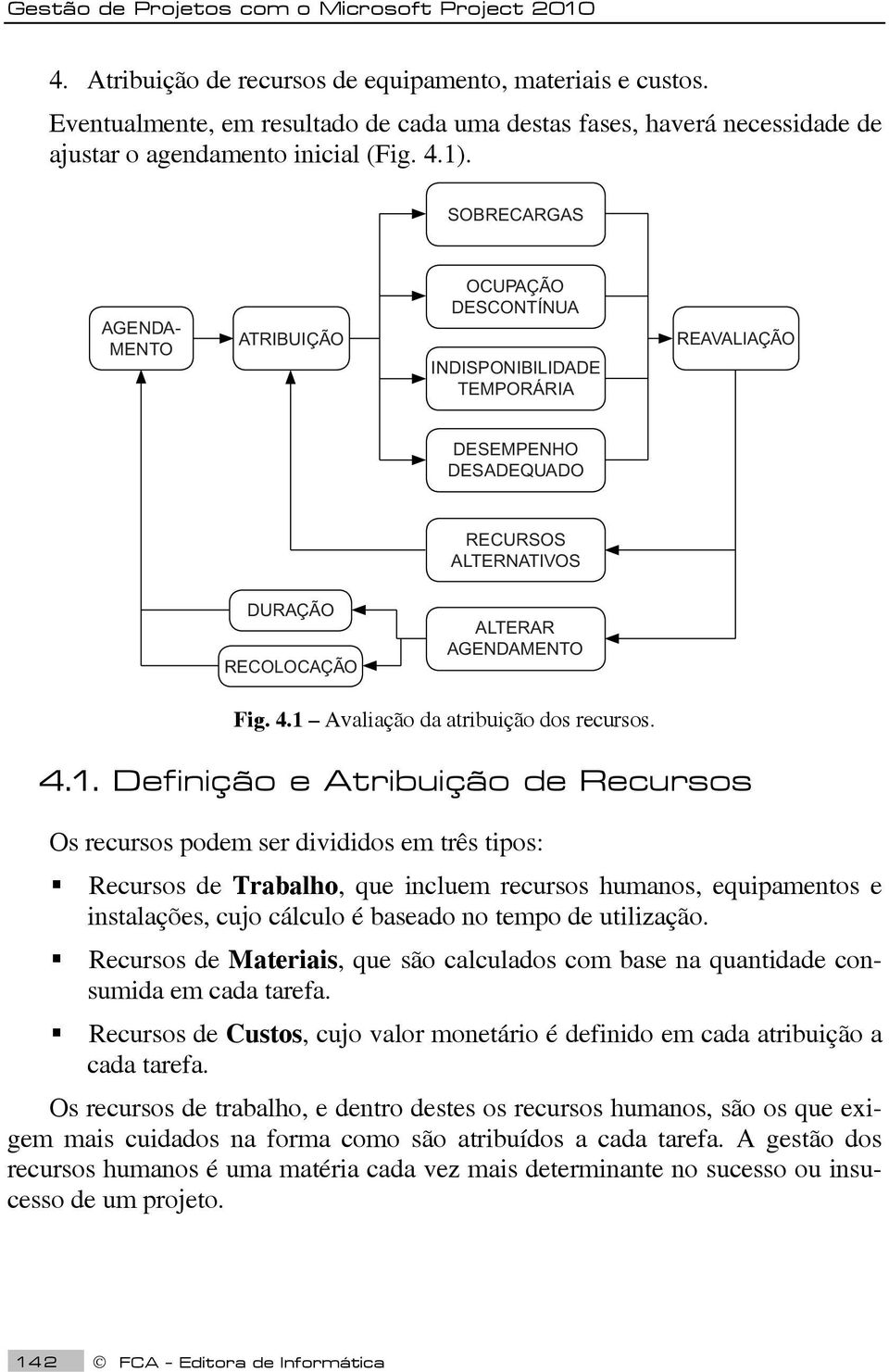 1 Avaliação da atribuição dos recursos. 4.1. Definição e Atribuição de Recursos Os recursos podem ser divididos em três tipos: Recursos de Trabalho, que incluem recursos humanos, equipamentos e