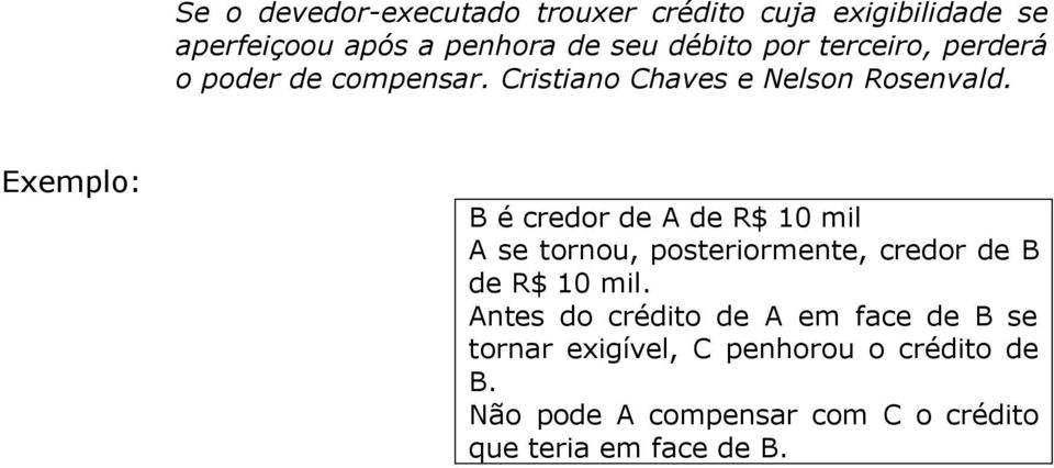 Exemplo: B é credor de A de R$ 10 mil A se tornou, posteriormente, credor de B de R$ 10 mil.