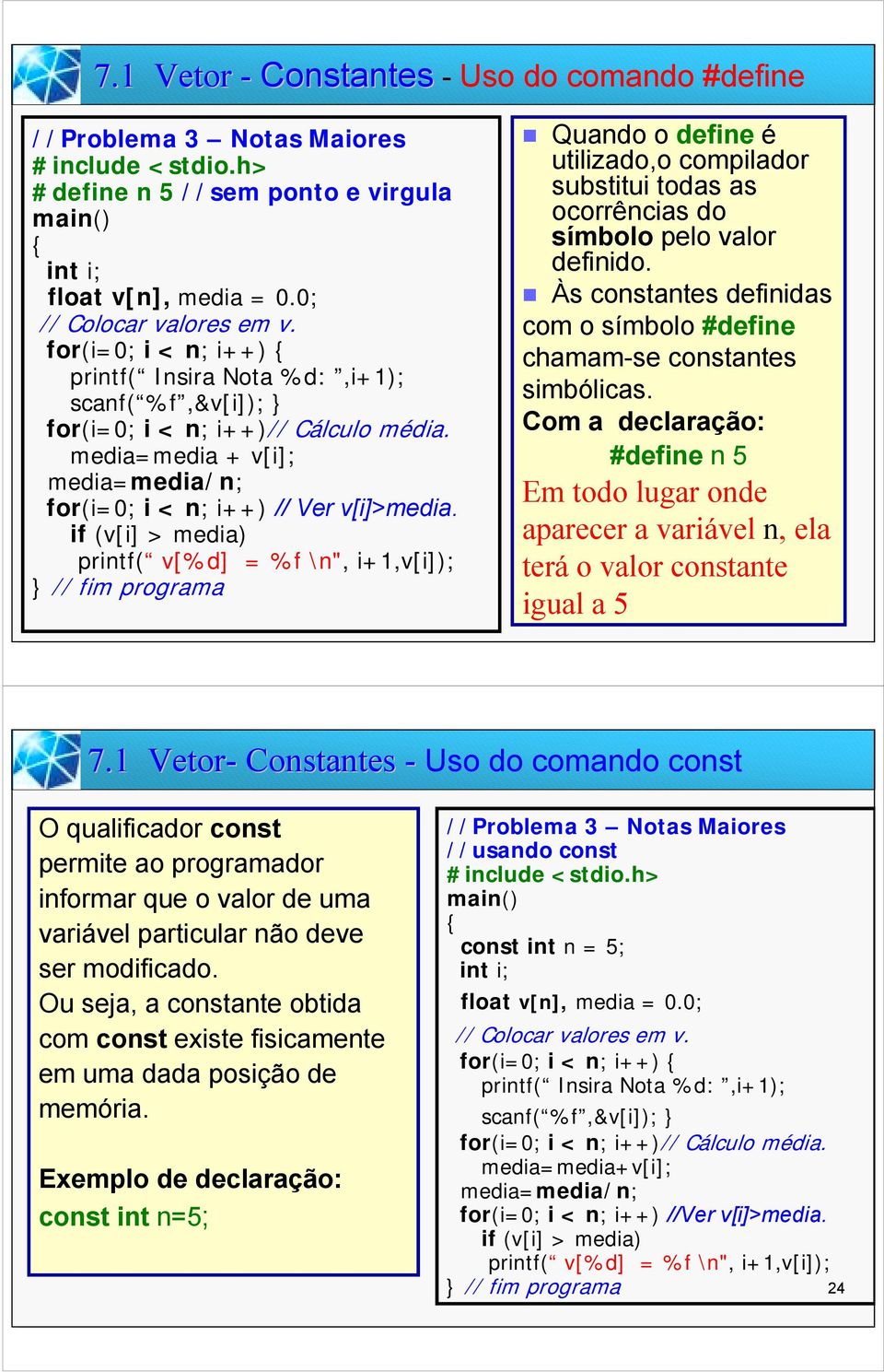 if (v[i] > media) printf( v[%d] = %f \n", i+1,v[i]); // fim programa " Quando o define é utilizado,o compilador substitui todas as ocorrências do símbolo pelo valor definido.