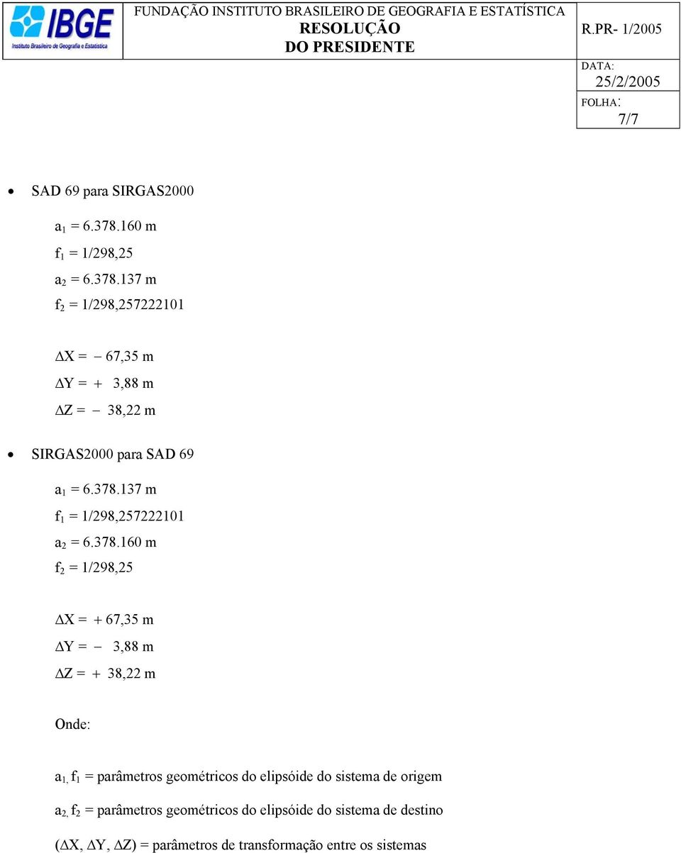 137 m f 2 = 1/298,257222101 X = 67,35 m Y = + 3,88 m Z = 38,22 m SIRGAS2000 para SAD 69 a 1 = 6.378.