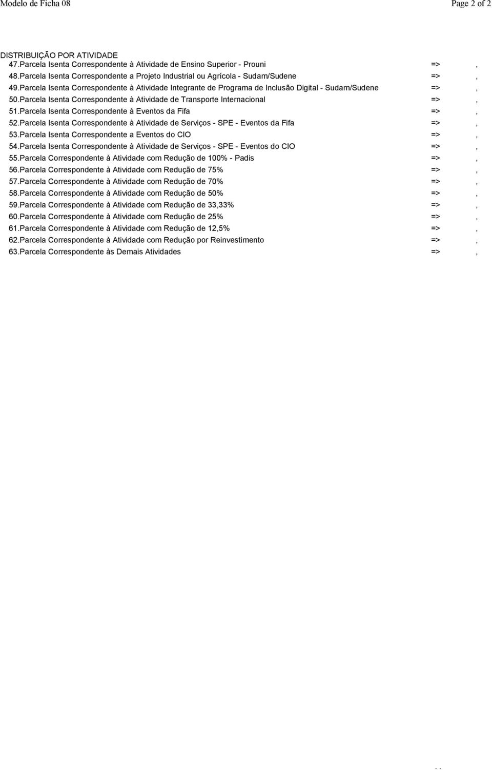 Parcela Isenta Correspondente à Atividade de Transporte Internacional =>, 51.Parcela Isenta Correspondente à Eventos da Fifa =>, 52.