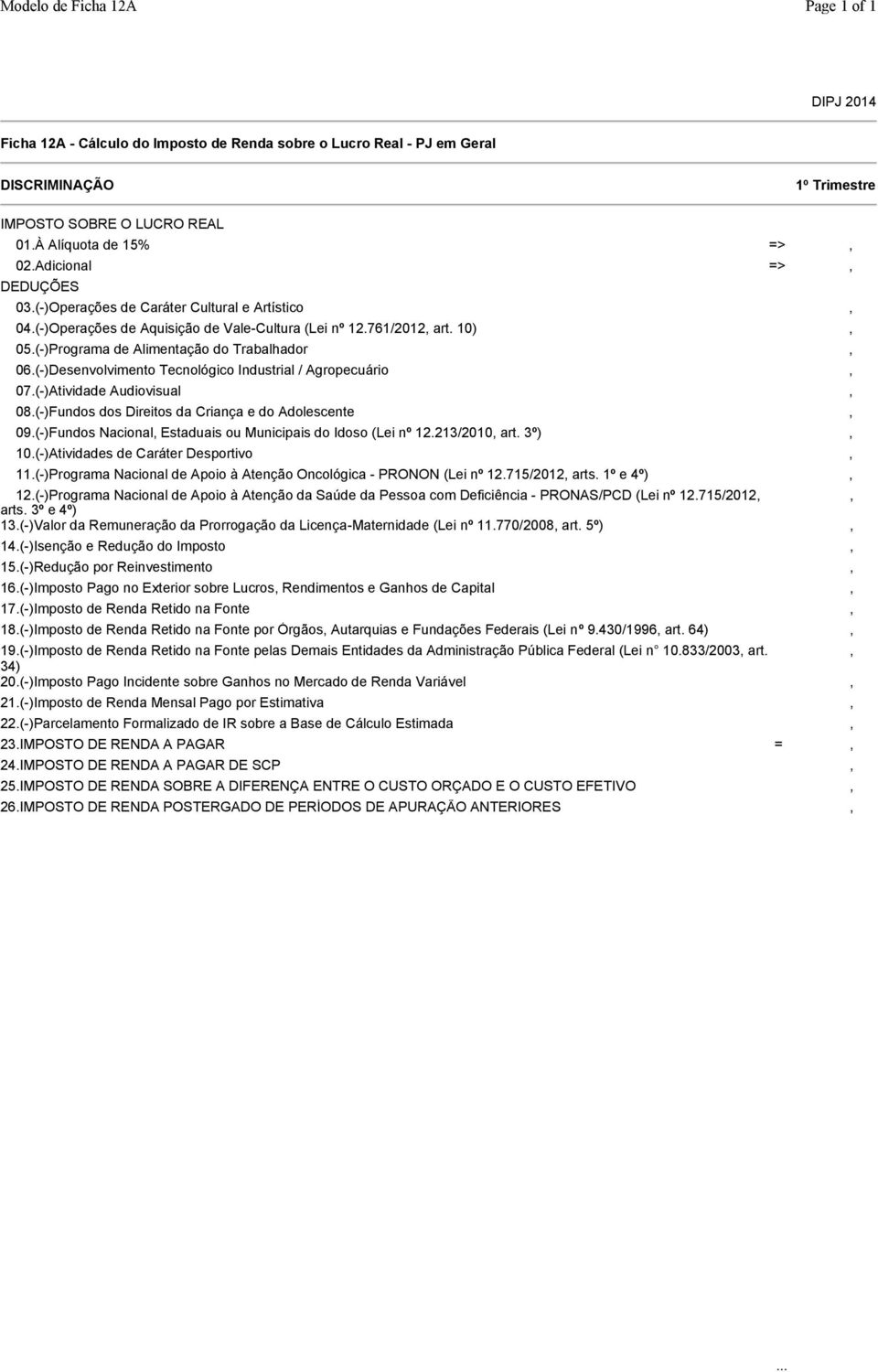 (-)Desenvolvimento Tecnológico Industrial / Agropecuário, 07.(-)Atividade Audiovisual, 08.(-)Fundos dos Direitos da Criança e do Adolescente, 09.