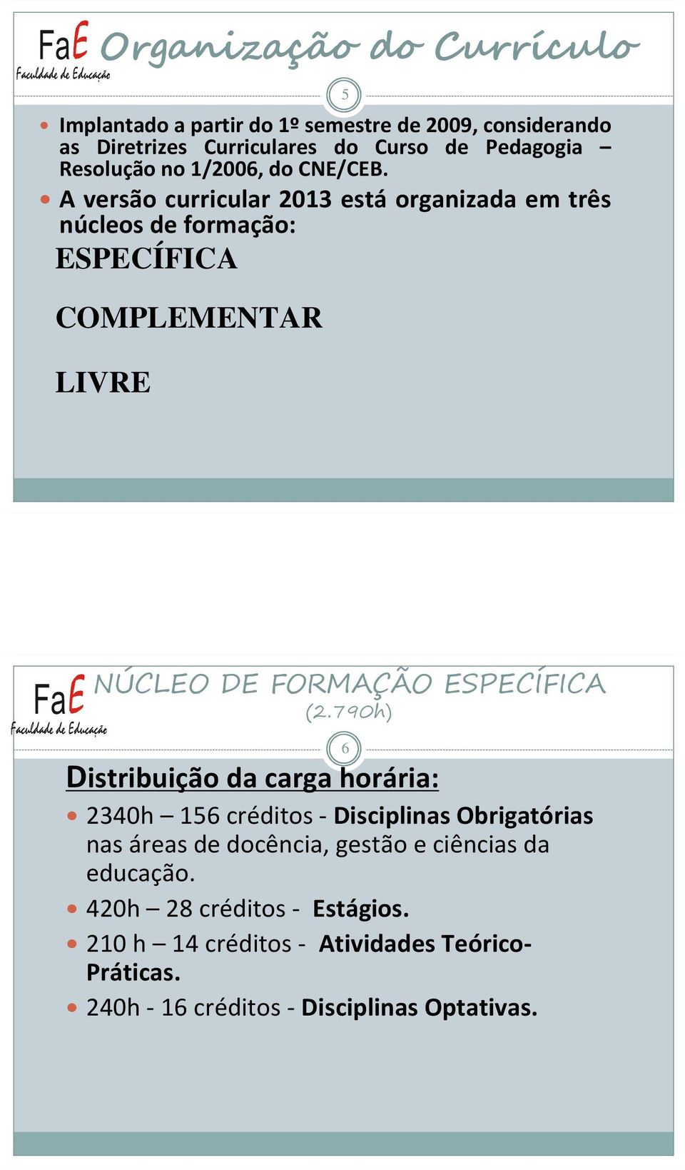 A versão curricular 2013 está organizada em três núcleos de formação: ESPECÍFICA COMPLEMENTAR LIVRE 5 NÚCLEO DE FORMAÇÃO ESPECÍFICA (2.