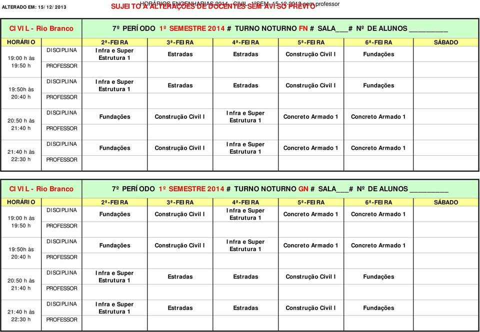 Construção Civil I Concreto Armado 1 Concreto Armado 1 7º PERÍODO 1º SEMESTRE 014 # TURNO NOTURNO GN # SALA # Nº DE ALUNOS Fundações Construção Civil I Concreto Armado