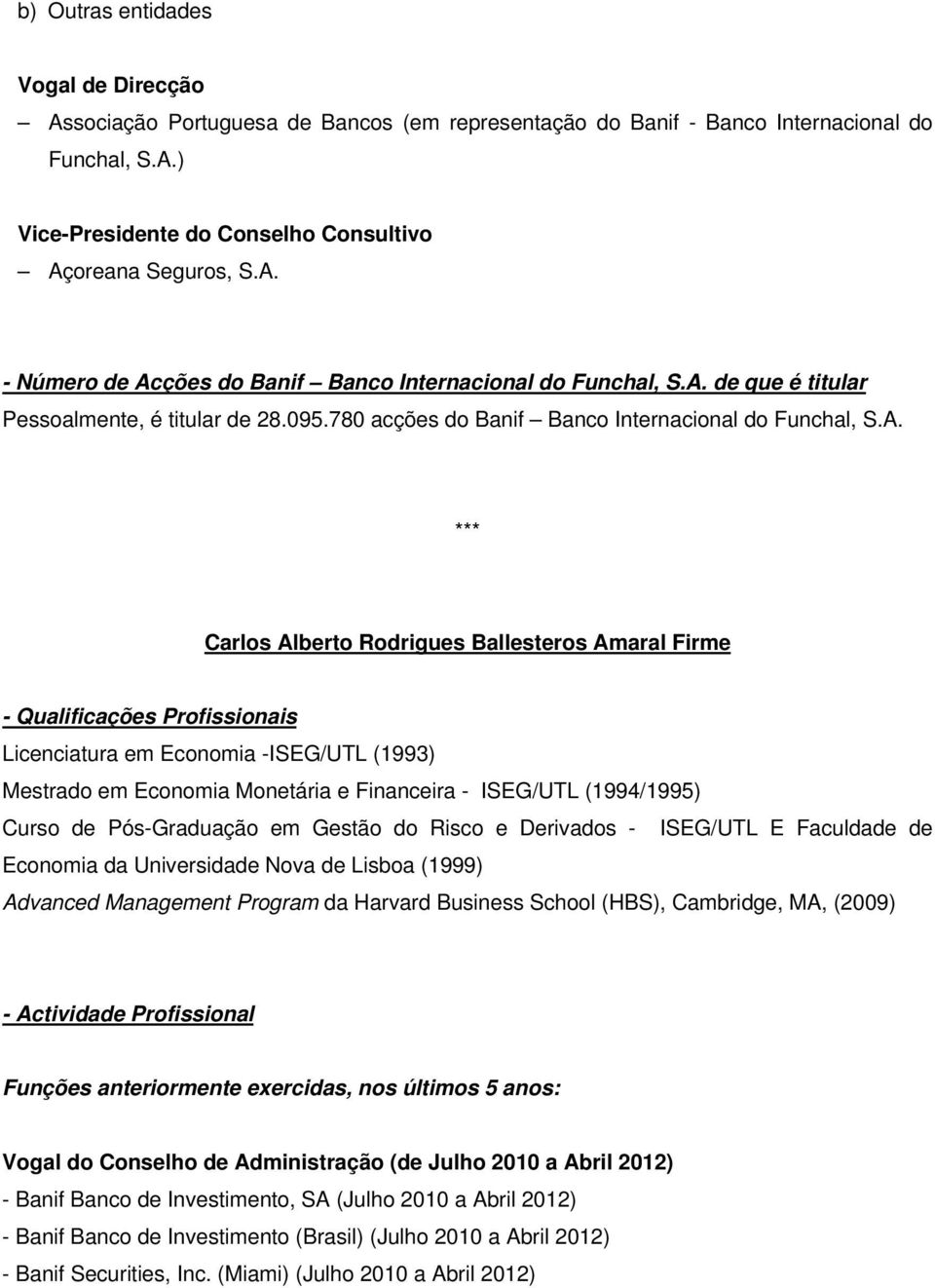*** Carlos Alberto Rodrigues Ballesteros Amaral Firme Licenciatura em Economia -ISEG/UTL (1993) Mestrado em Economia Monetária e Financeira - ISEG/UTL (1994/1995) Curso de Pós-Graduação em Gestão do