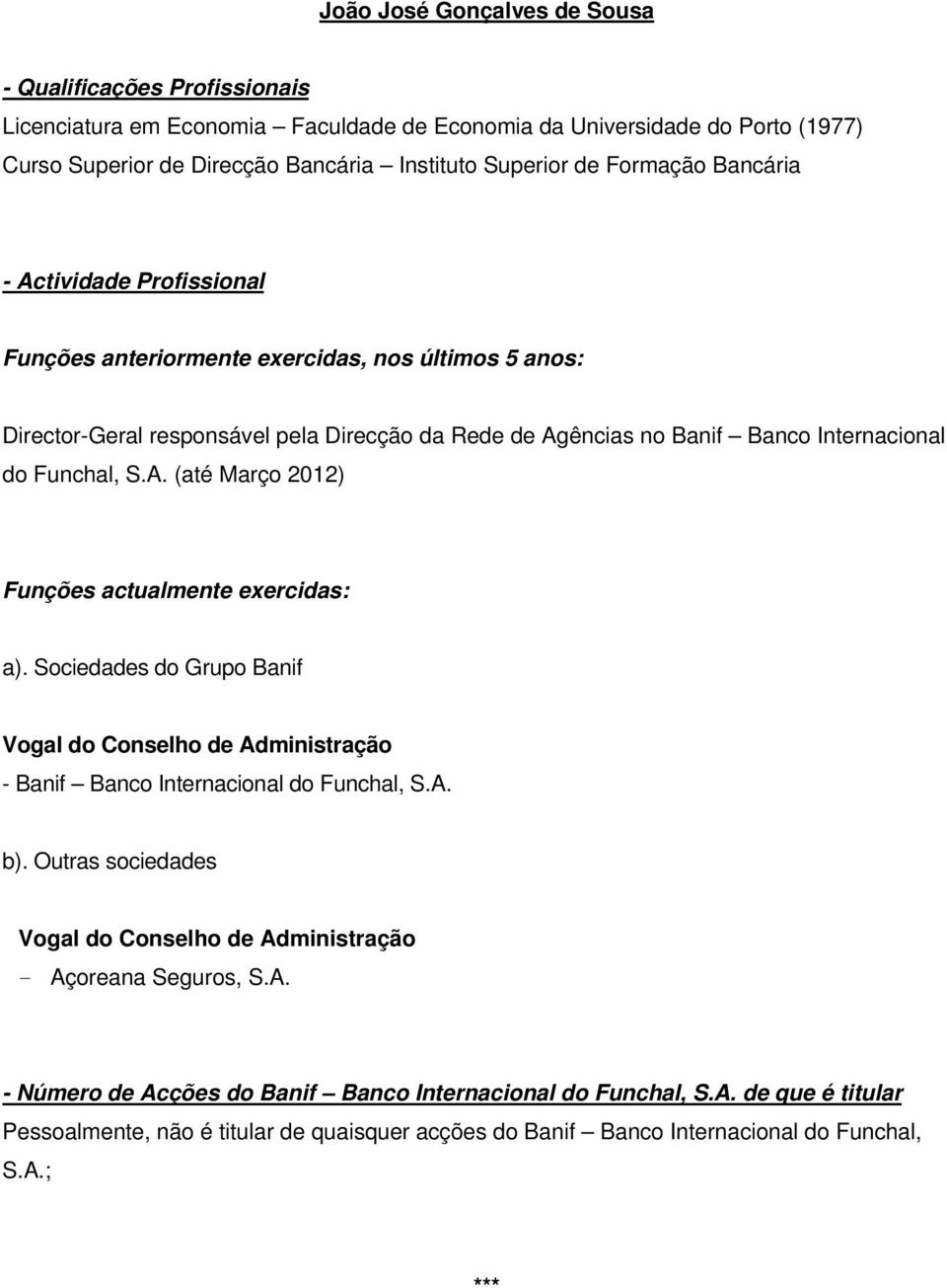 Internacional do Funchal, S.A. (até Março 2012) Funções actualmente exercidas: a).