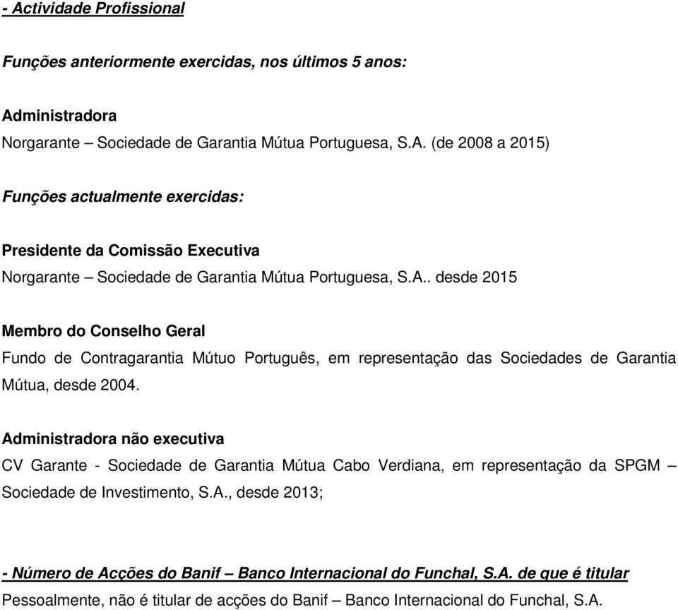 Administradora não executiva CV Garante - Sociedade de Garantia Mútua Cabo Verdiana, em representação da SPGM Sociedade de Investimento, S.A., desde 2013; Pessoalmente, não é titular de acções do Banif Banco Internacional do Funchal, S.