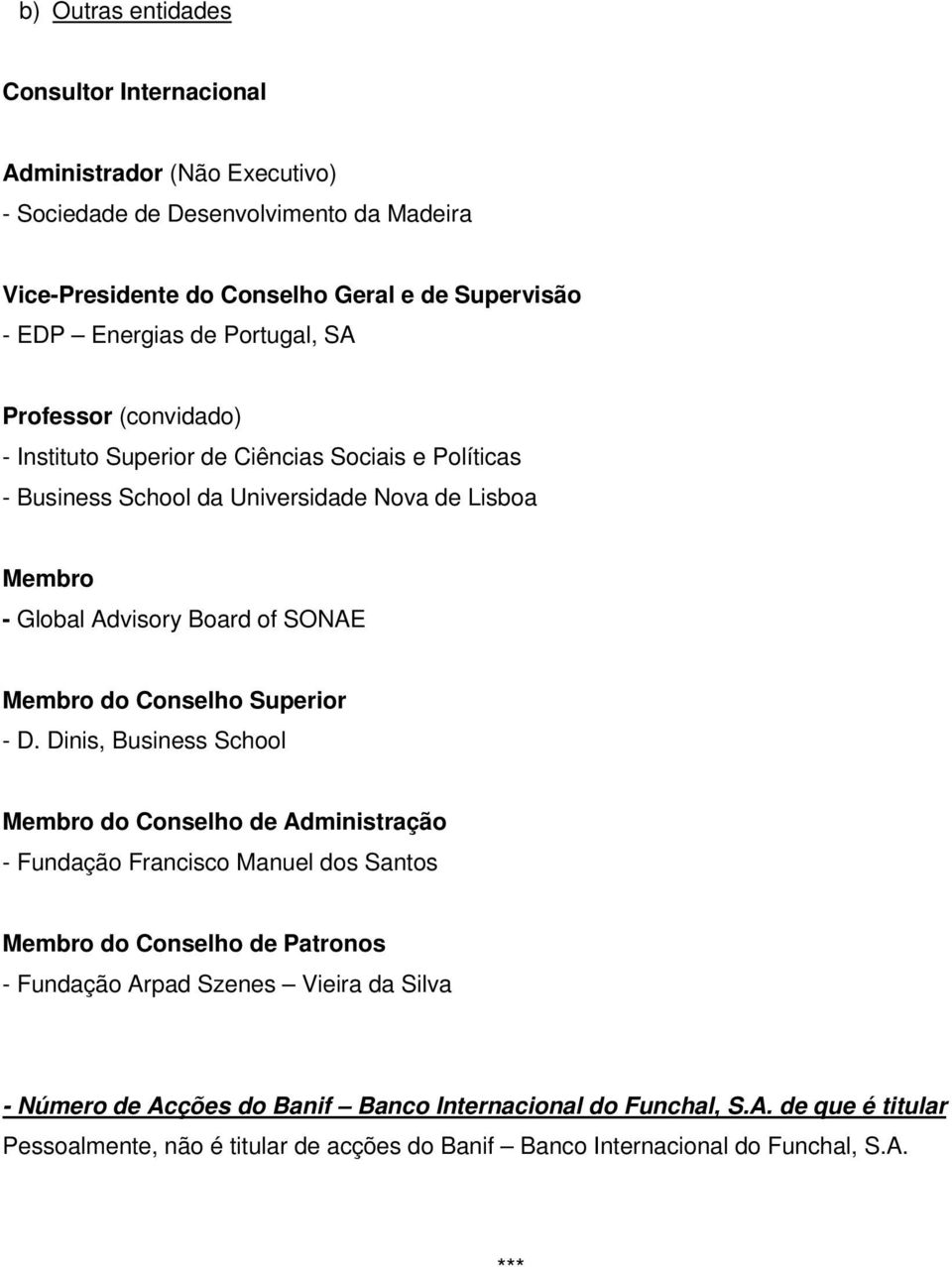Lisboa Membro - Global Advisory Board of SONAE Membro do Conselho Superior - D.