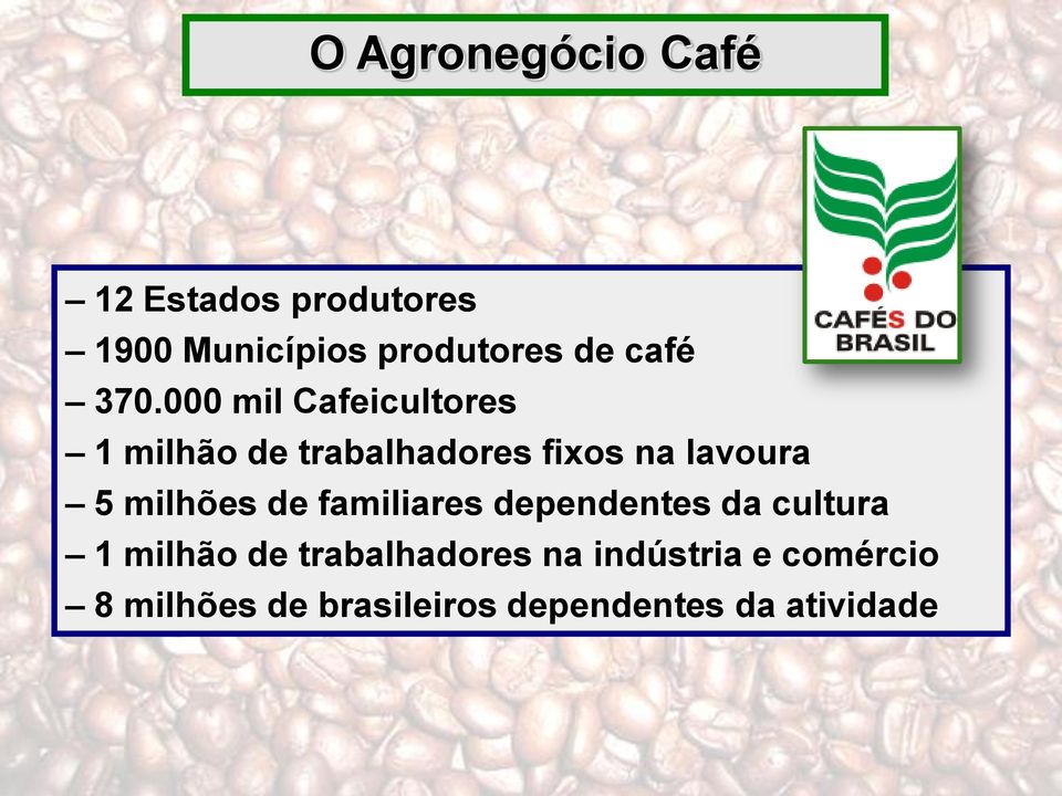 000 mil Cafeicultores 1 milhão de trabalhadores fixos na lavoura 5
