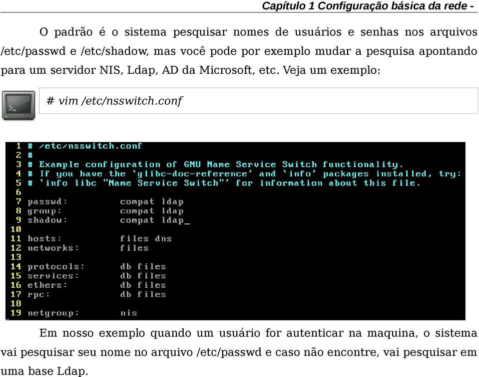 Veja um exemplo: # vim /etc/nsswitch.