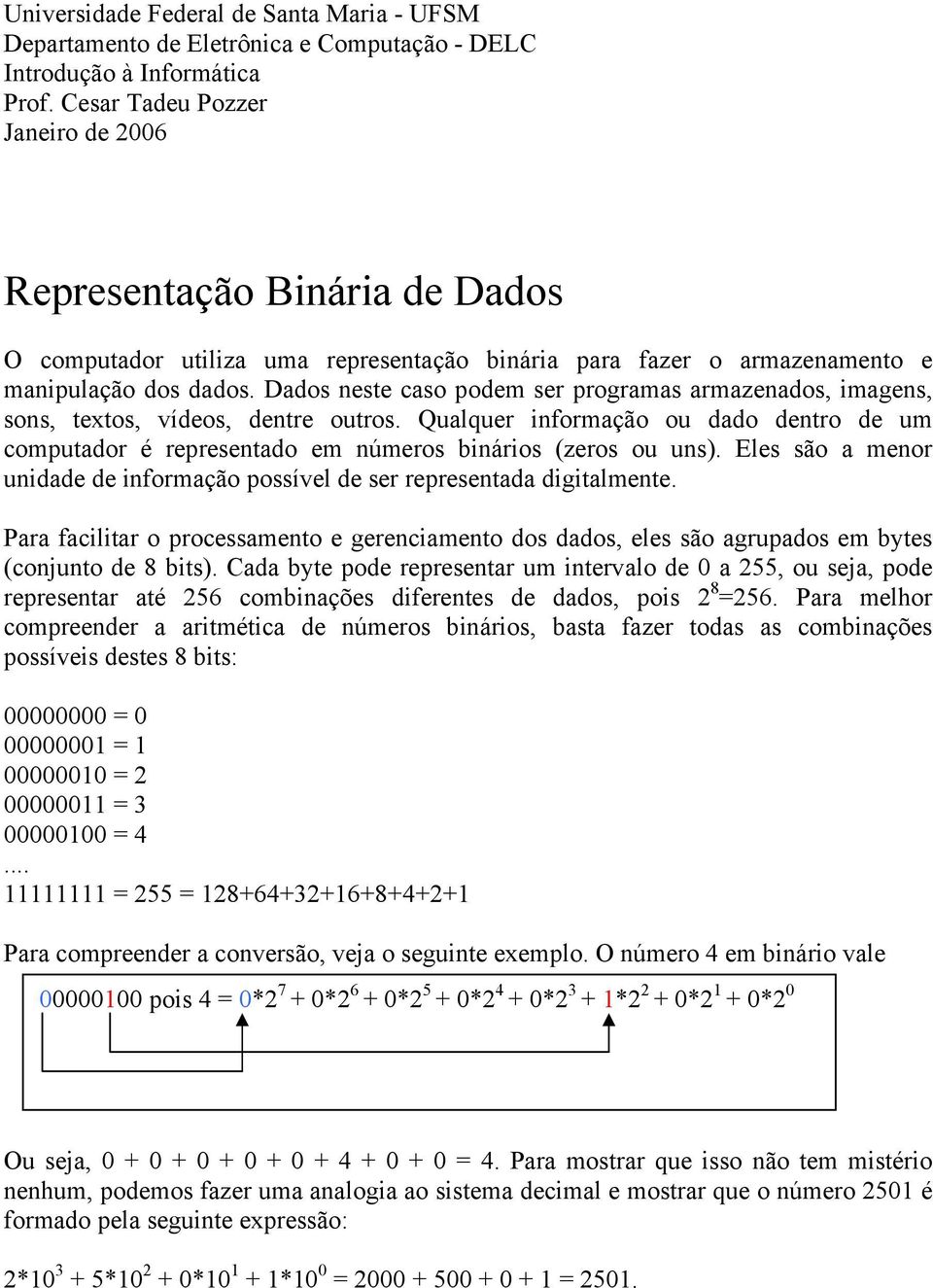 Dados neste caso podem ser programas armazenados, imagens, sons, textos, vídeos, dentre outros. Qualquer informação ou dado dentro de um computador é representado em números binários (zeros ou uns).