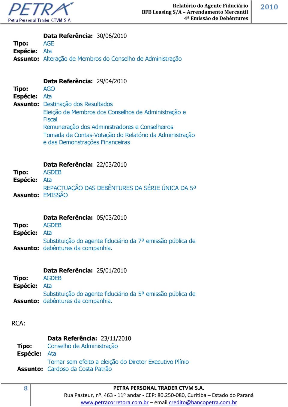 REPACTUAÇÃO DAS DEBÊNTURES DA SÉRIE ÚNICA DA 5ª Assunto: EMISSÃO Data Referência: 05/03/ Tipo: AGDEB Substituição do agente fiduciário da 7ª emissão pública de Assunto: debêntures da companhia.