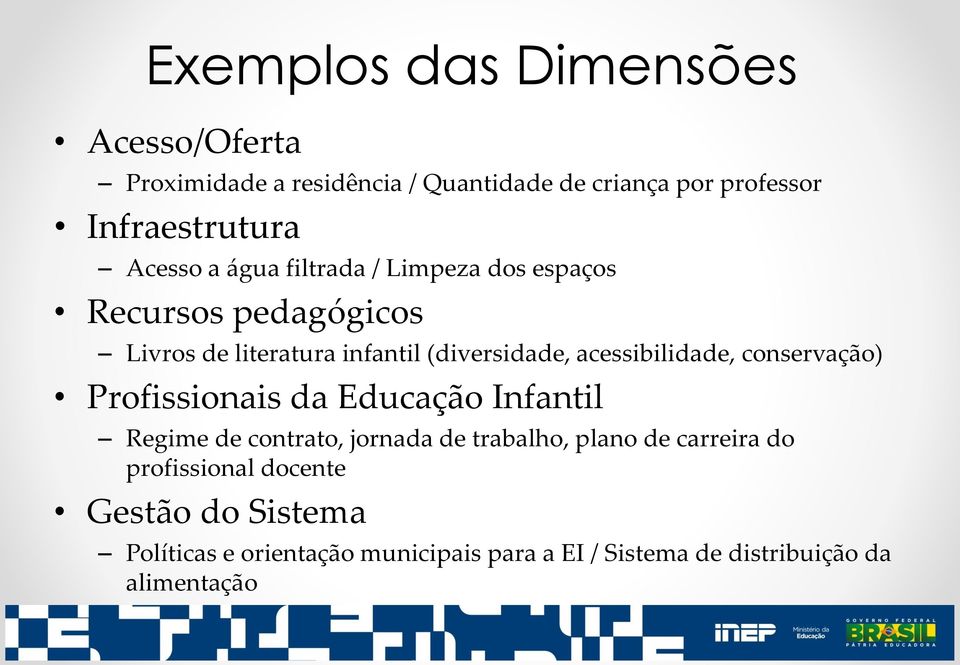 acessibilidade, conservação) Profissionais da Educação Infantil Regime de contrato, jornada de trabalho, plano de