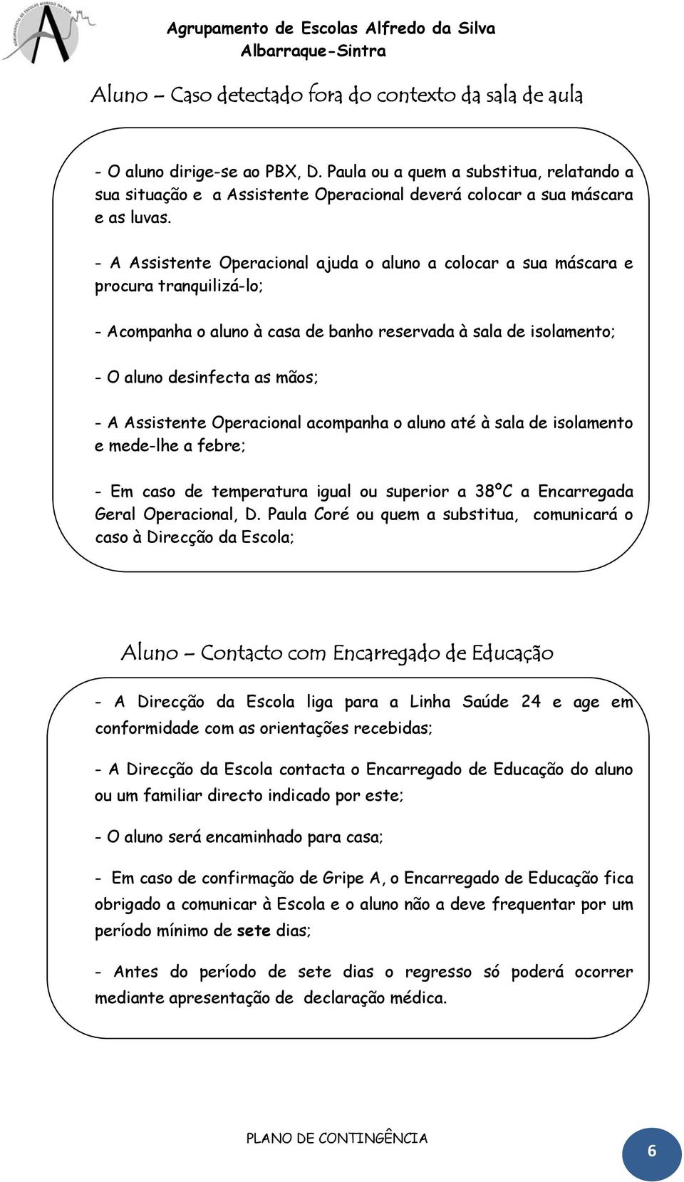 - A Assistente Operacional ajuda o aluno a colocar a sua máscara e procura tranquilizá-lo; - Acompanha o aluno à casa de banho reservada à sala de isolamento; - O aluno desinfecta as mãos; - A