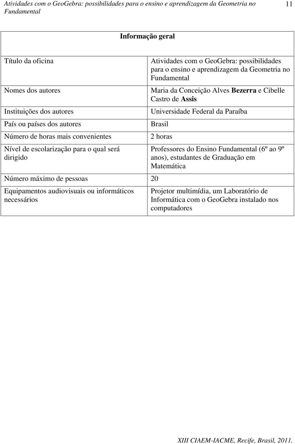 possibilidades para o ensino e aprendizagem da Geometria no Maria da Conceição Alves Bezerra e Cibelle Castro de Assis Universidade Federal da Paraíba Brasil