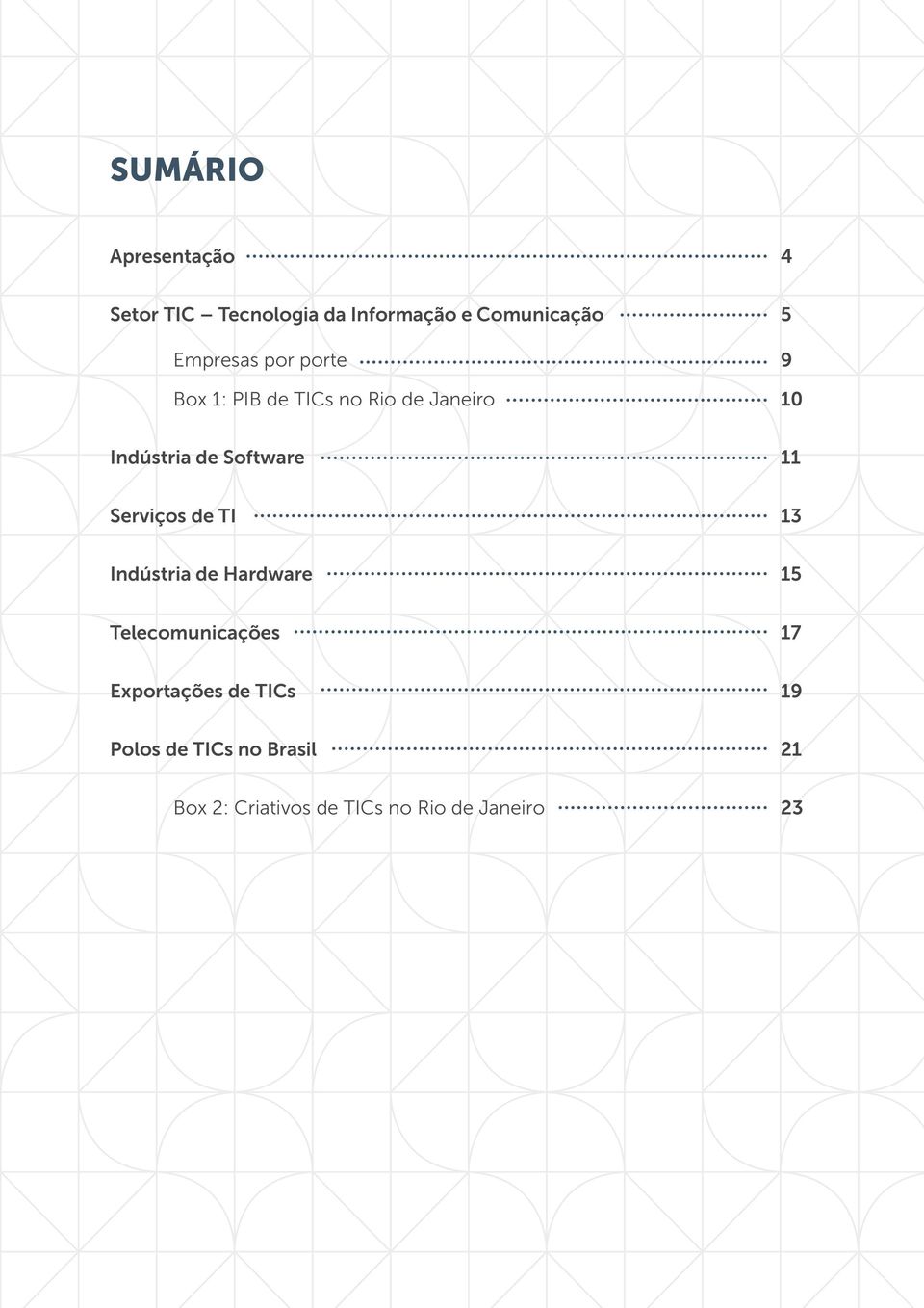 Software 11 Serviços de TI 13 Indústria de Hardware 15 Telecomunicações 17