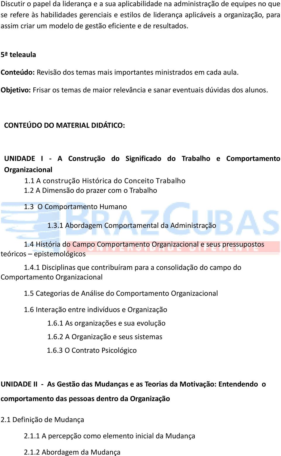 Objetivo: Frisar os temas de maior relevância e sanar eventuais dúvidas dos alunos. CONTEÚDO DO MATERIAL DIDÁTICO: UNIDADE I - A Construção do Significado do Trabalho e Comportamento Organizacional 1.