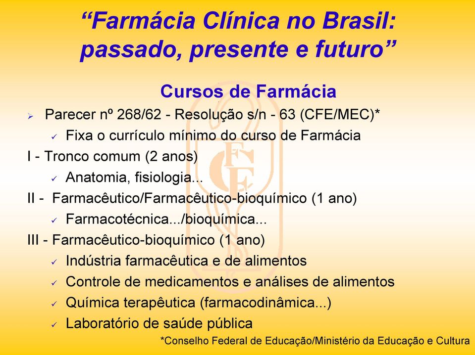.. III - Farmacêutic-biquímic (1 an) Indústria farmacêutica e de aliments Cntrle de medicaments e análises de
