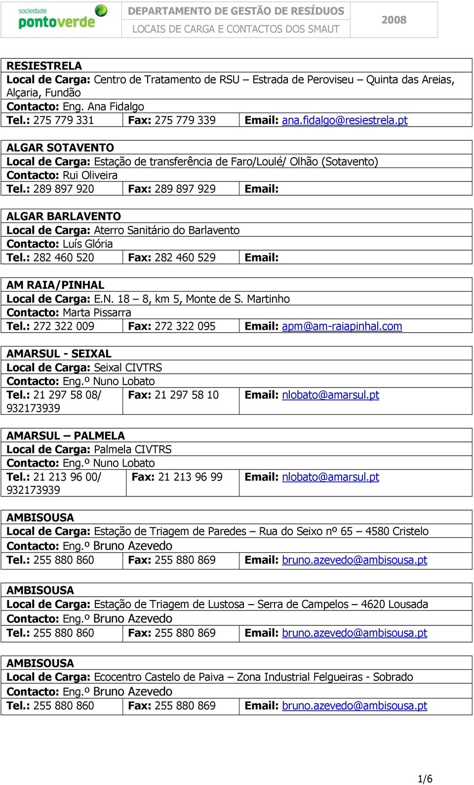 : 289 897 920 Fax: 289 897 929 Email: ALGAR BARLAVENTO Local de Carga: Aterro Sanitário do Barlavento Contacto: Luís Glória Tel.: 282 460 520 Fax: 282 460 529 Email: AM RAIA/PINHAL Local de Carga: E.