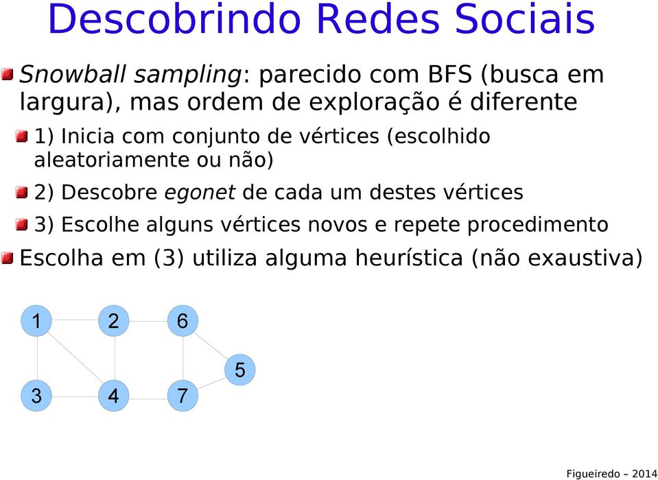 aleatoriamente ou não) 2) Descobre egonet de cada um destes vértices 3) Escolhe alguns