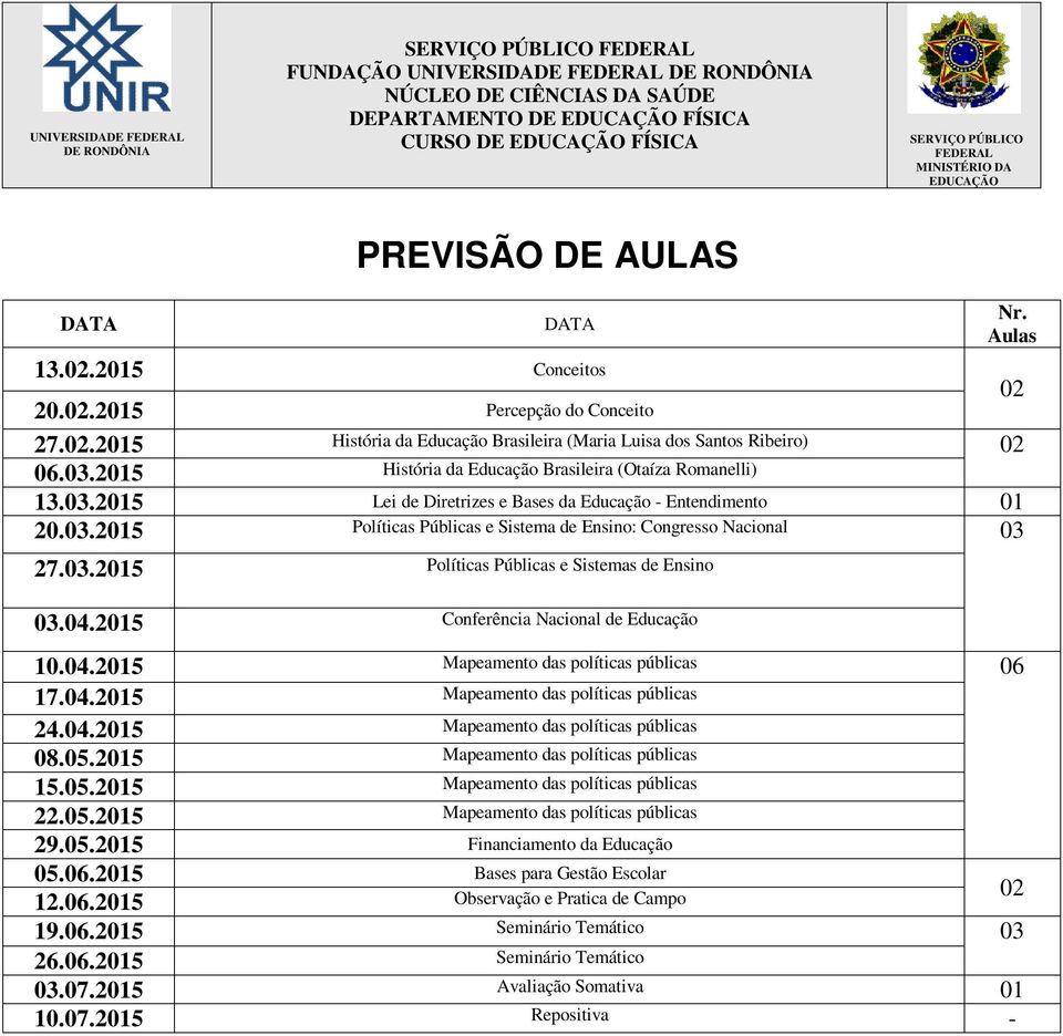 03.2015 História da Educação Brasileira (Otaíza Romanelli) 13.03.2015 Lei de Diretrizes e Bases da Educação - Entendimento 01 20.03.2015 Políticas Públicas e Sistema de Ensino: Congresso Nacional 03 27.