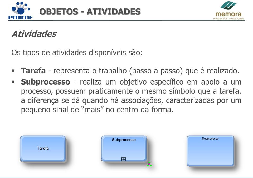 Subprocesso - realiza um objetivo específico em apoio a um processo, possuem praticamente