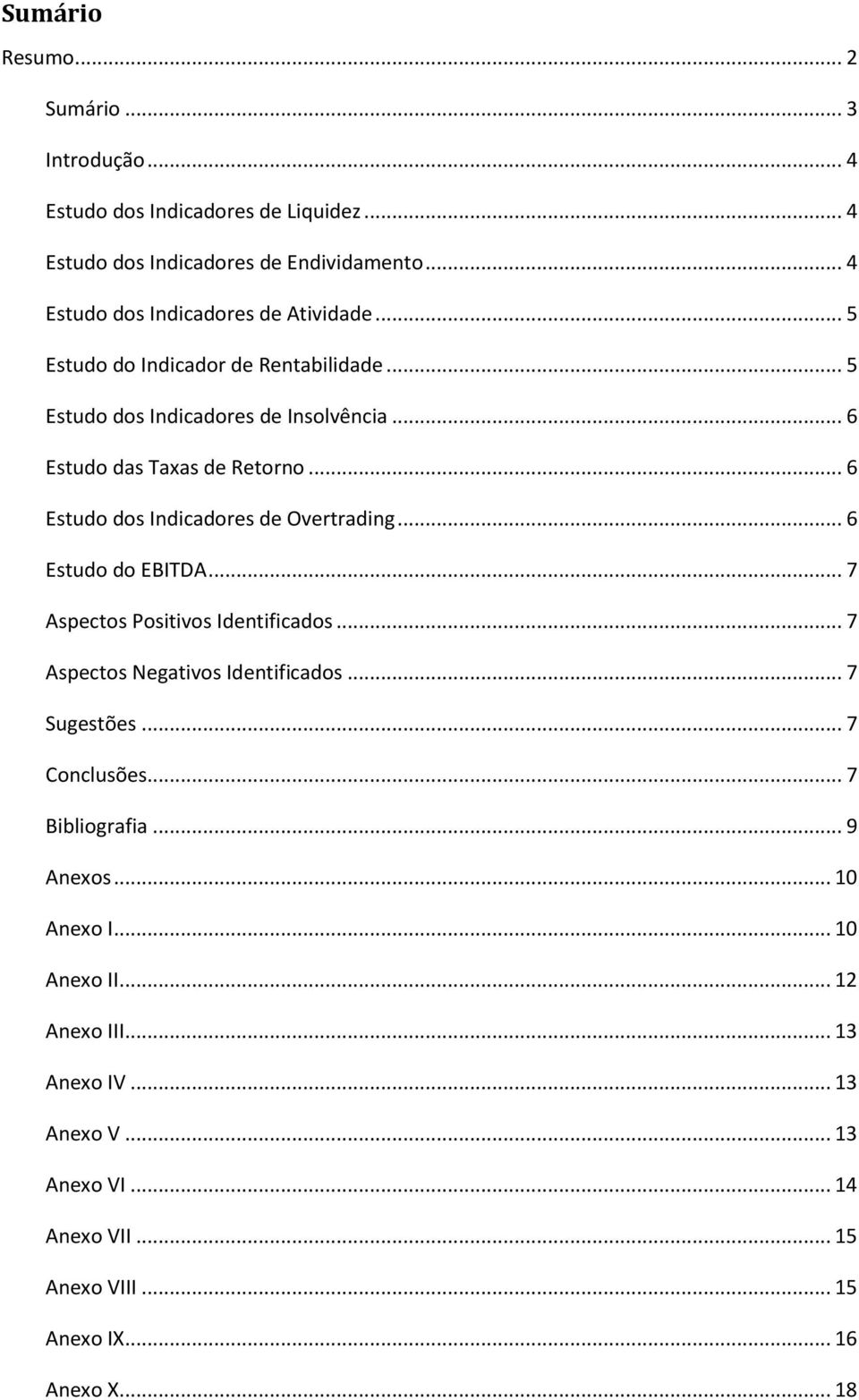 .. 6 Estudo dos Indicadores de Overtrading... 6 Estudo do EBITDA... 7 Aspectos Positivos Identificados... 7 Aspectos Negativos Identificados... 7 Sugestões.