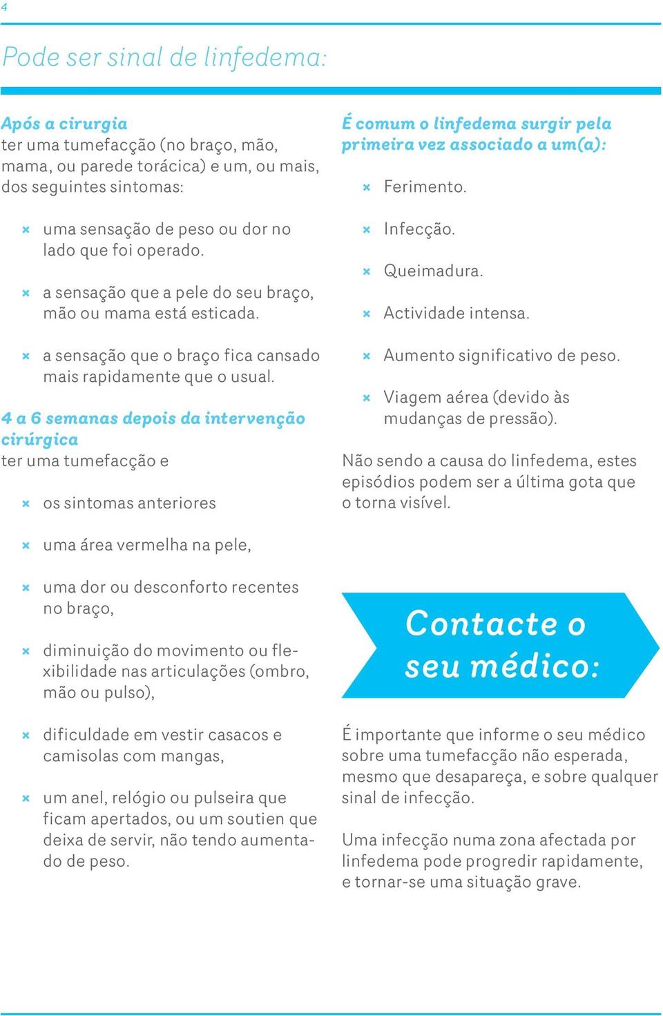 4 a 6 semanas depois da intervenção cirúrgica ter uma tumefacção e os sintomas anteriores É comum o linfedema surgir pela primeira vez associado a um(a): Ferimento. Infecção. Queimadura.