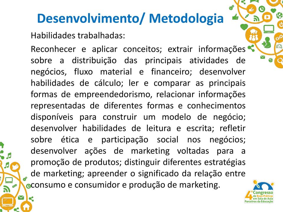 conhecimentos disponíveis para construir um modelo de negócio; desenvolver habilidades de leitura e escrita; refletir sobre ética e participação social nos negócios; desenvolver