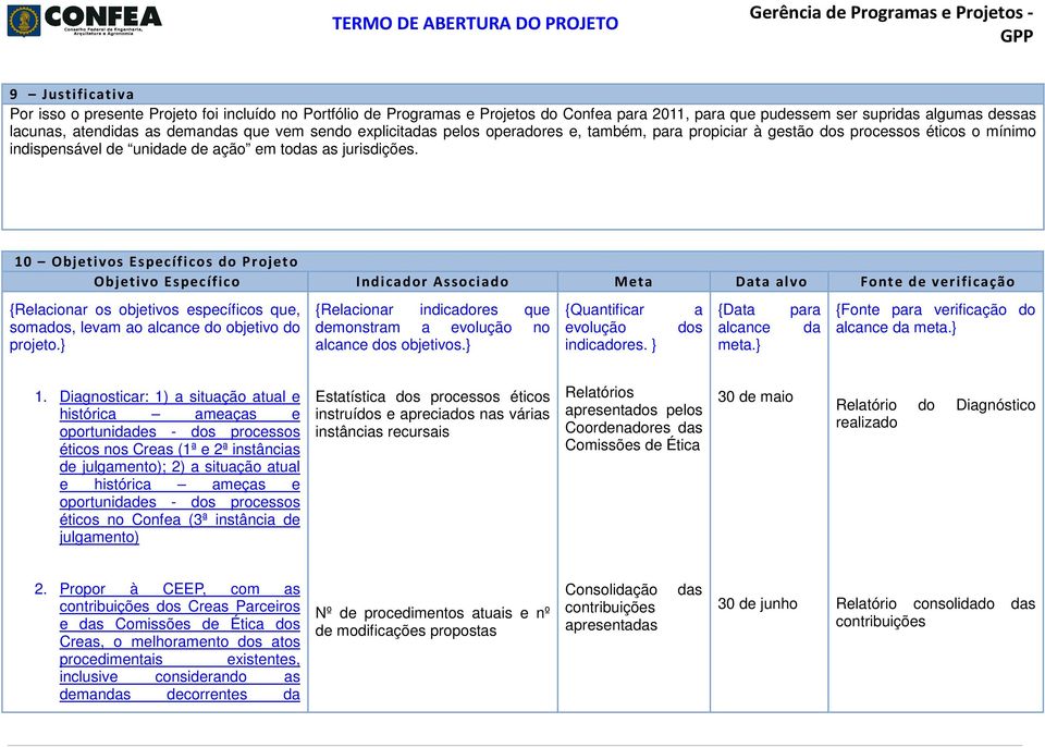 10 Objetivos Específicos do Projeto Objetivo Específico Indicador Associado Meta Data alvo Fonte de verificação {Relacionar os objetivos específicos que, somados, levam ao alcance do objetivo do