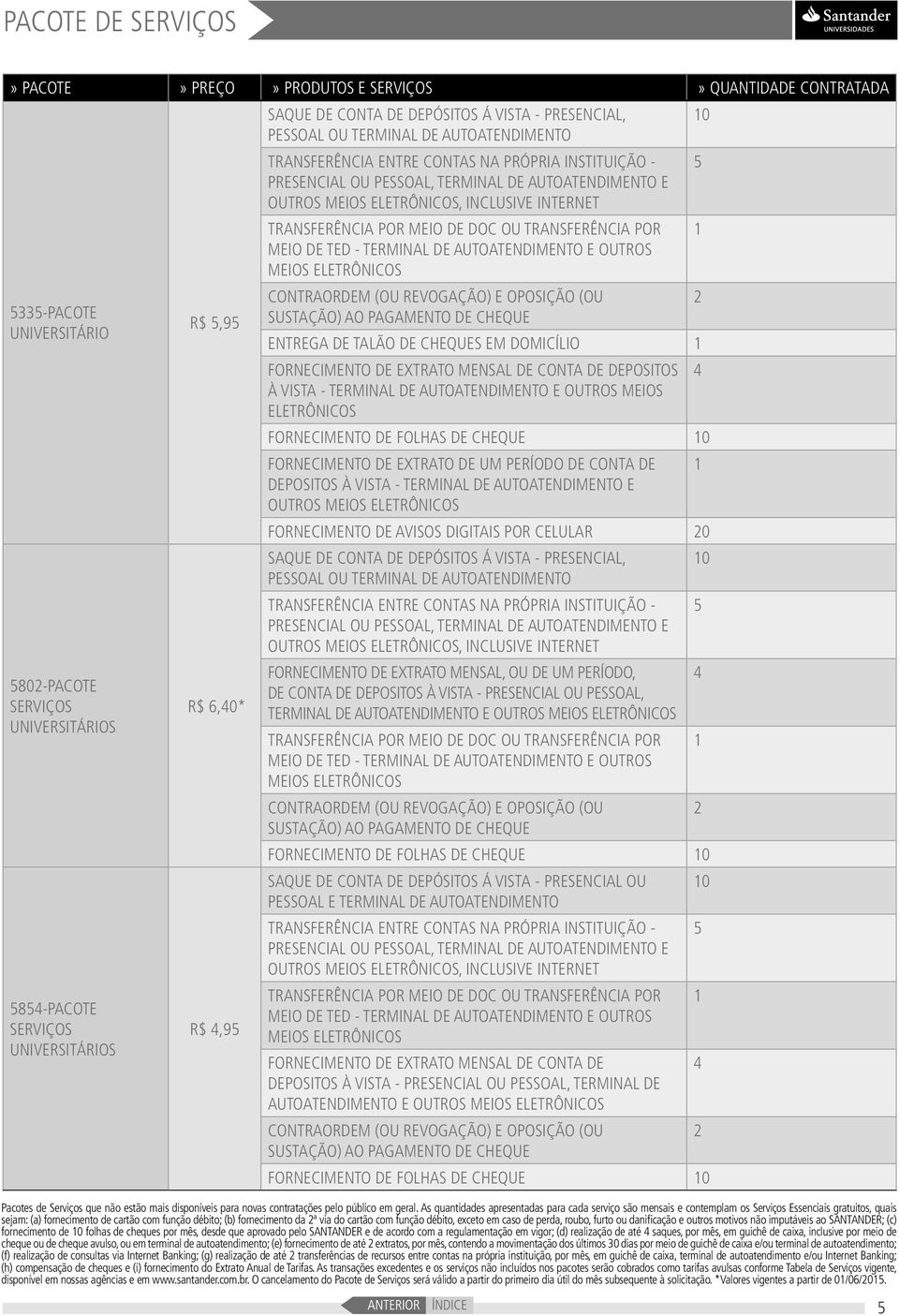 VISTA - PRESENCIAL OU PESSOAL, SERVIÇOS R$ 6,0* TERMINAL DE AUTOATENDIMENTO E OUTROS SAQUE DE CONTA DE DEPÓSITOS Á VISTA - PRESENCIAL OU 10 PESSOAL E TERMINAL DE AUTOATENDIMENTO 585-PACOTE SERVIÇOS