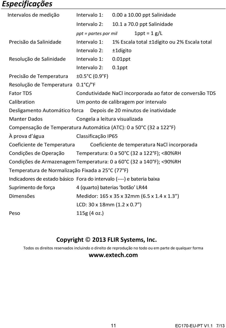 01ppt Intervalo 2: 0.1ppt Precisão de Temperatura ±0.5 C (0.9 F) Resolução de Temperatura 0.